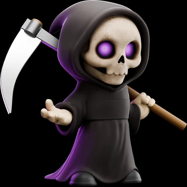 The chibi reaper, scythe over shoulder, holding out an open hand