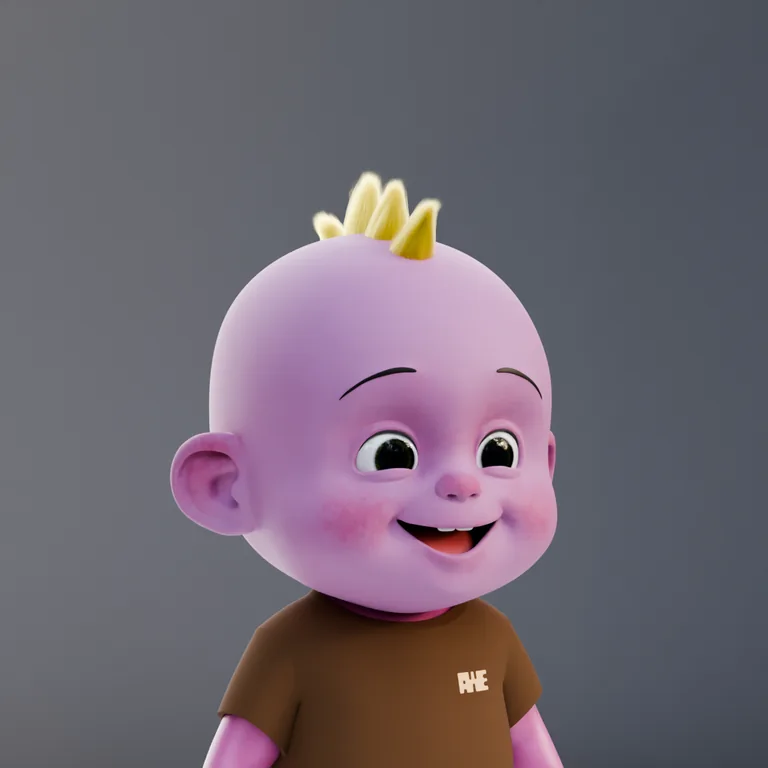 A smiling lavender Bubba with a short blonde mohawk and brown T-shirt